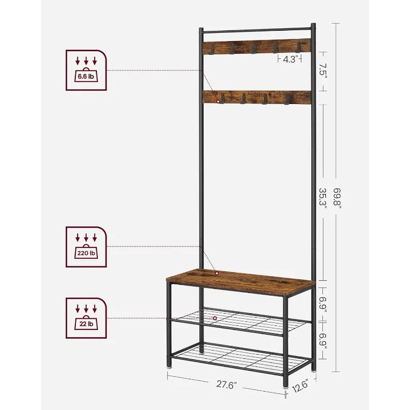 Clothes Rack with Shoe Cabinet Bench, Entryway Bench with Shoe Cabinet, 3 in 1 for Entryway,coat rack,12.6 x 27.6 x 69.8 inches