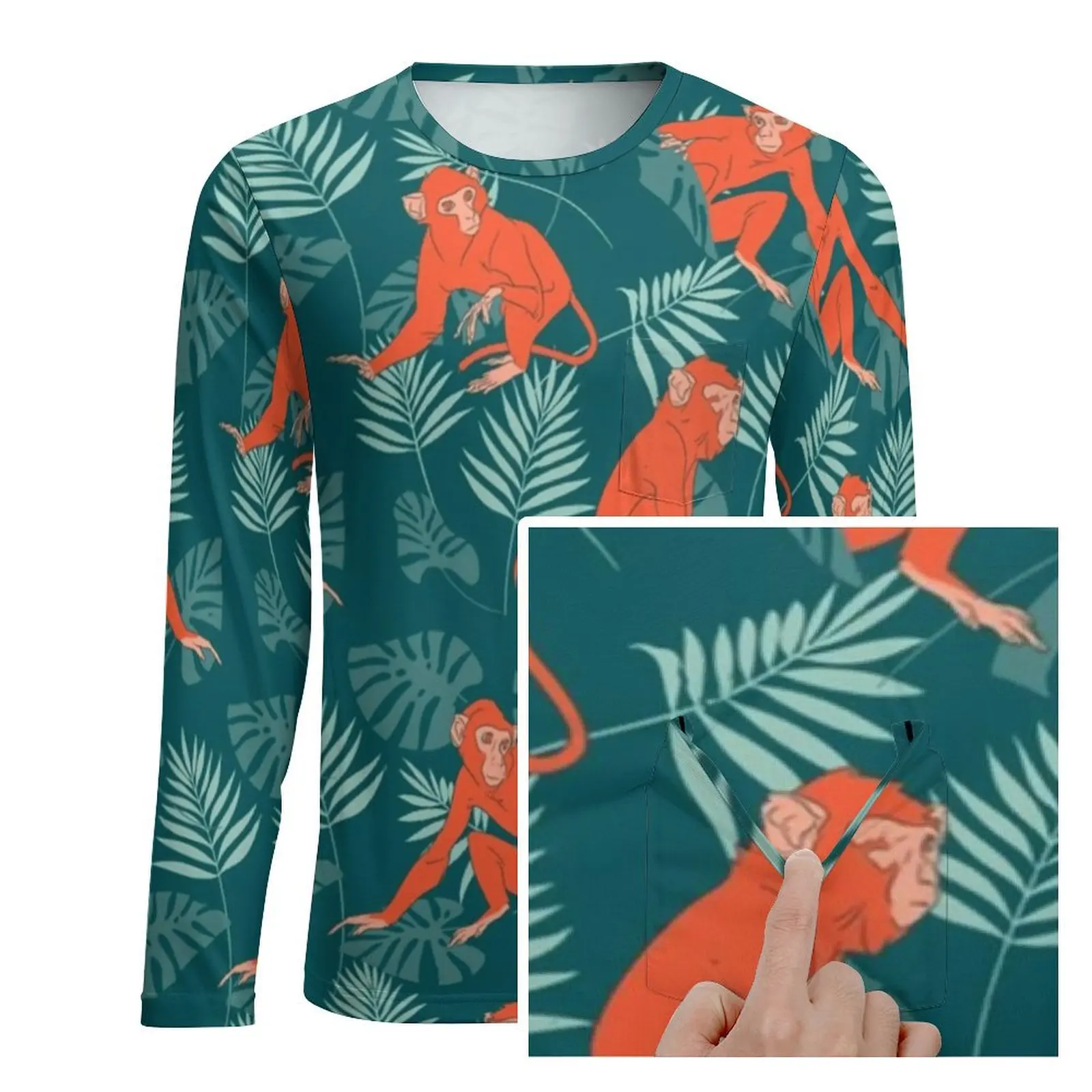 Monkey Forest T-Shirt Green Leaves Print Fashion T Shirts Pocket Long Sleeve Pattern Tops Autumn Streetwear Oversized Clothes