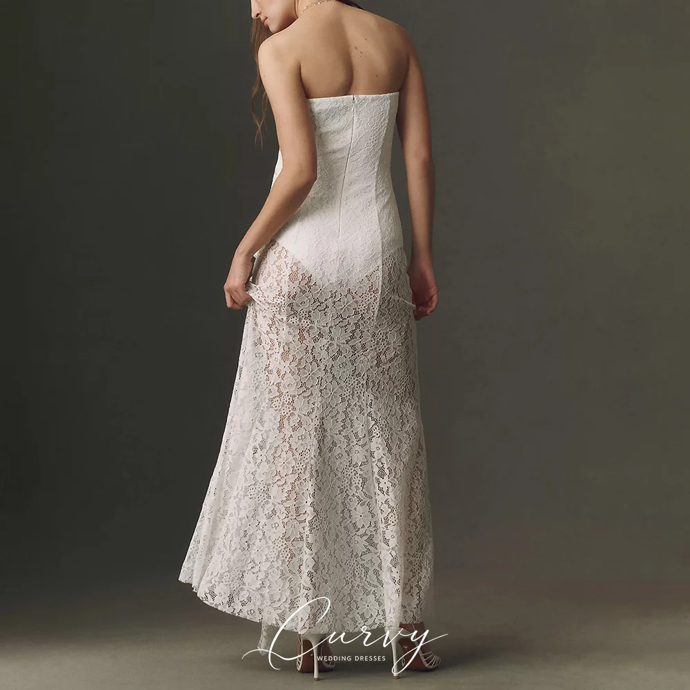 Curvy Strapless Floral Lace Wedding Dresses for Women Asymmetrical Ruffle Sheer Maxi Dress Bridal Gown 2026 Свадебное платье