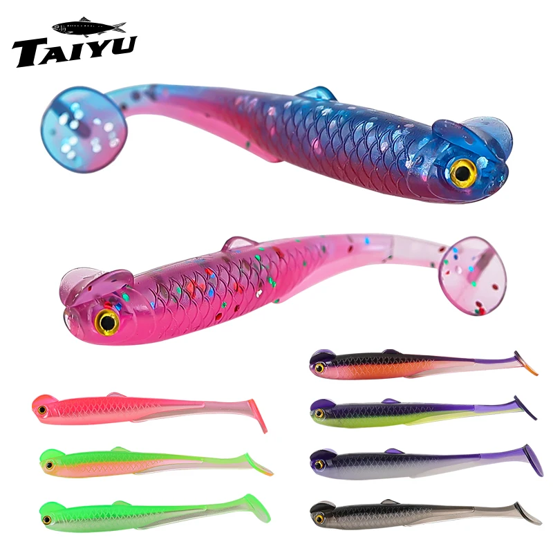 TAIYU 15 Stück Huhn-Krone-T-Schwanz-Weicherköder, 6 cm, 1,3 g, zweifarbig, Gummi, flaches Wasser, Serie, lebensechter künstlicher Angel-Weichköder