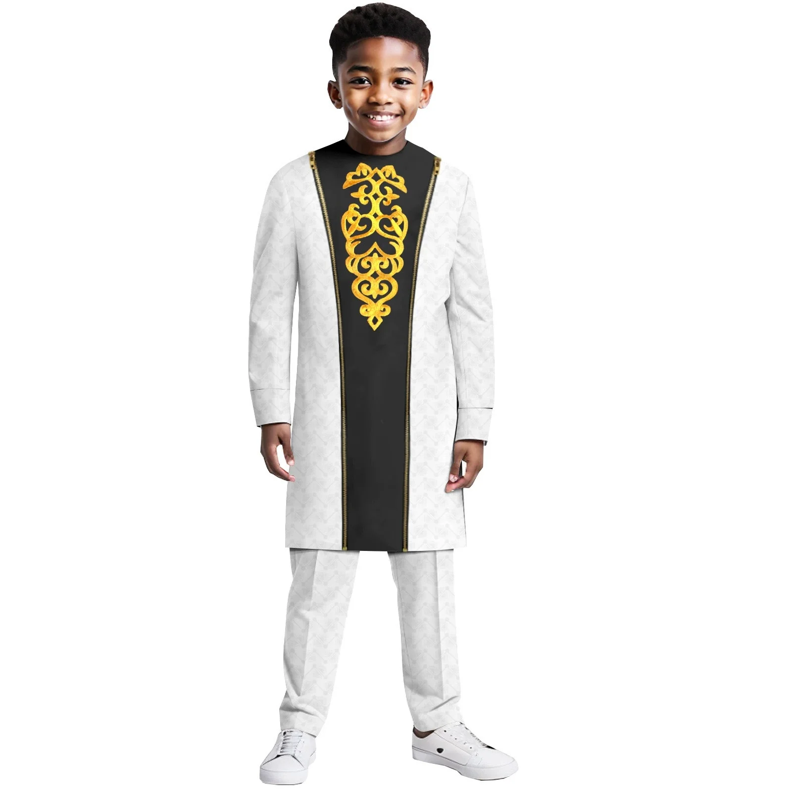 White Kaftan Boy Suit Embroidery Floral Top Pants Kaunda Suit African Casual Outfits Wear Traditional 2PCS Set Wedding Tuxedo