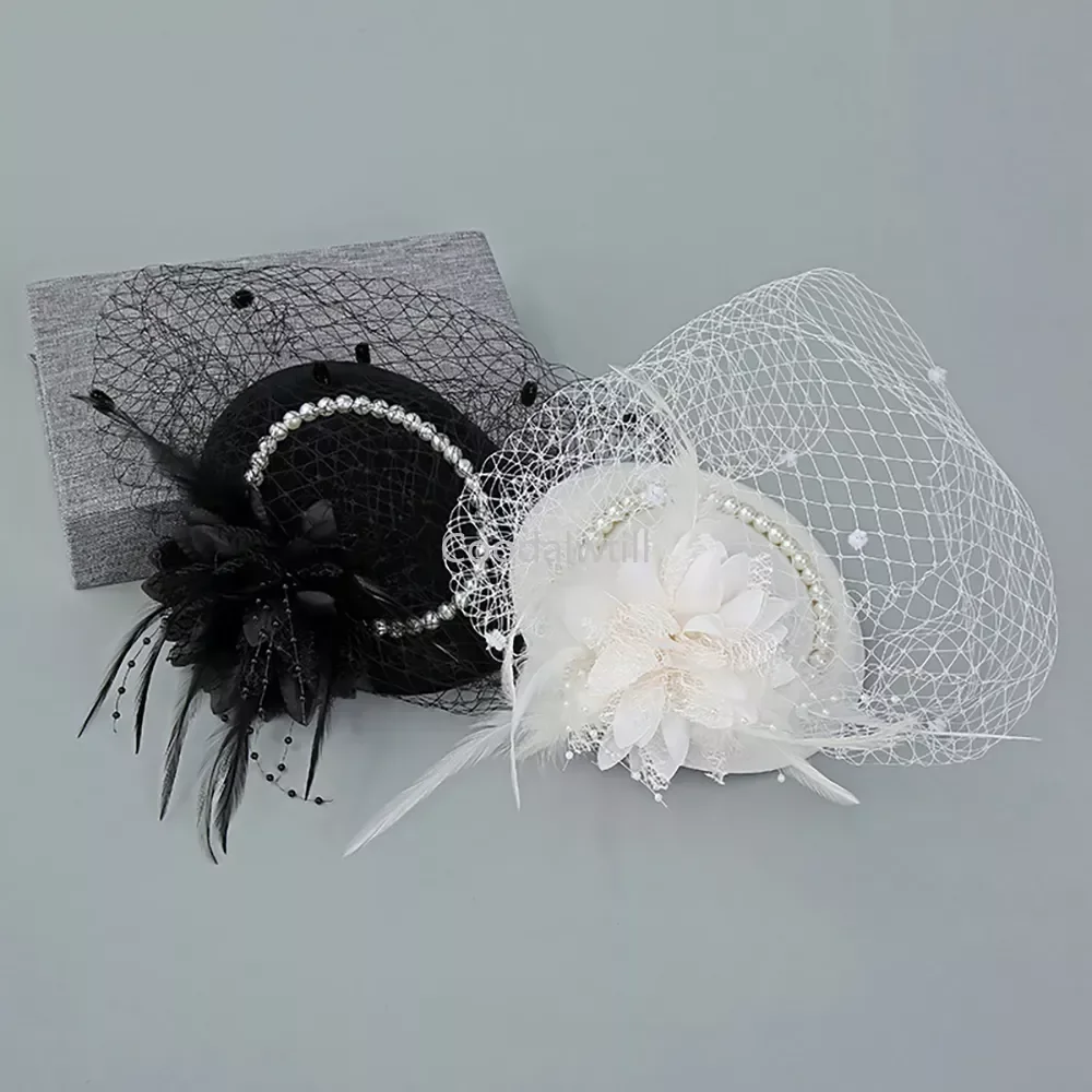 Wedding Veil Top Fascinator Hat Clip Feather Pearls Pillbox Cap Party Church Photography Chapeau Femme Party Hair Accessories