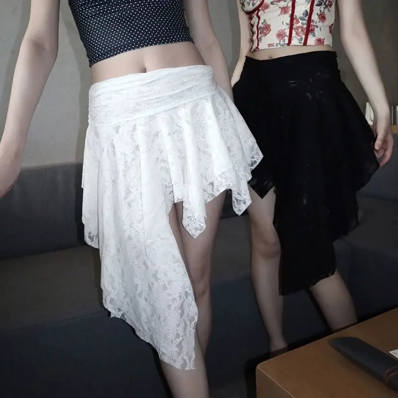 French Style Layered Lace Midi Skirt with Asymmetric Hem White Elegant Semi Formal Women Skirt Unique Design