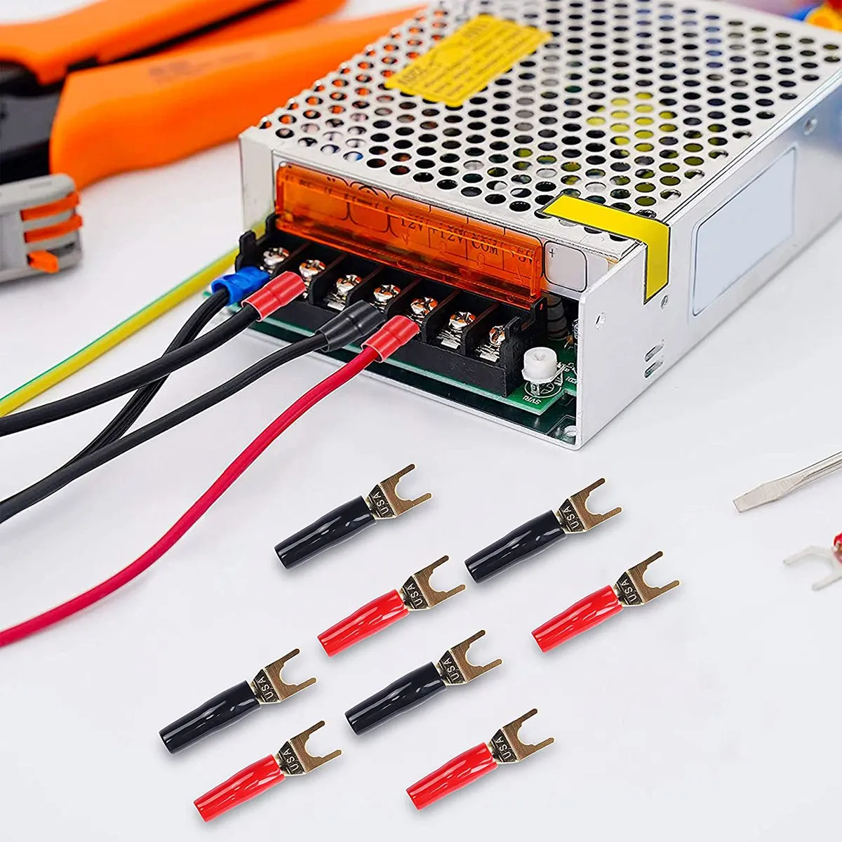 ABJG-Y موصل مجرف لسلك مكبر الصوت، 8 قطع Y Spade Plug 45 درجة مطلية بالذهب U شوكة بأسمائها الحقيقية