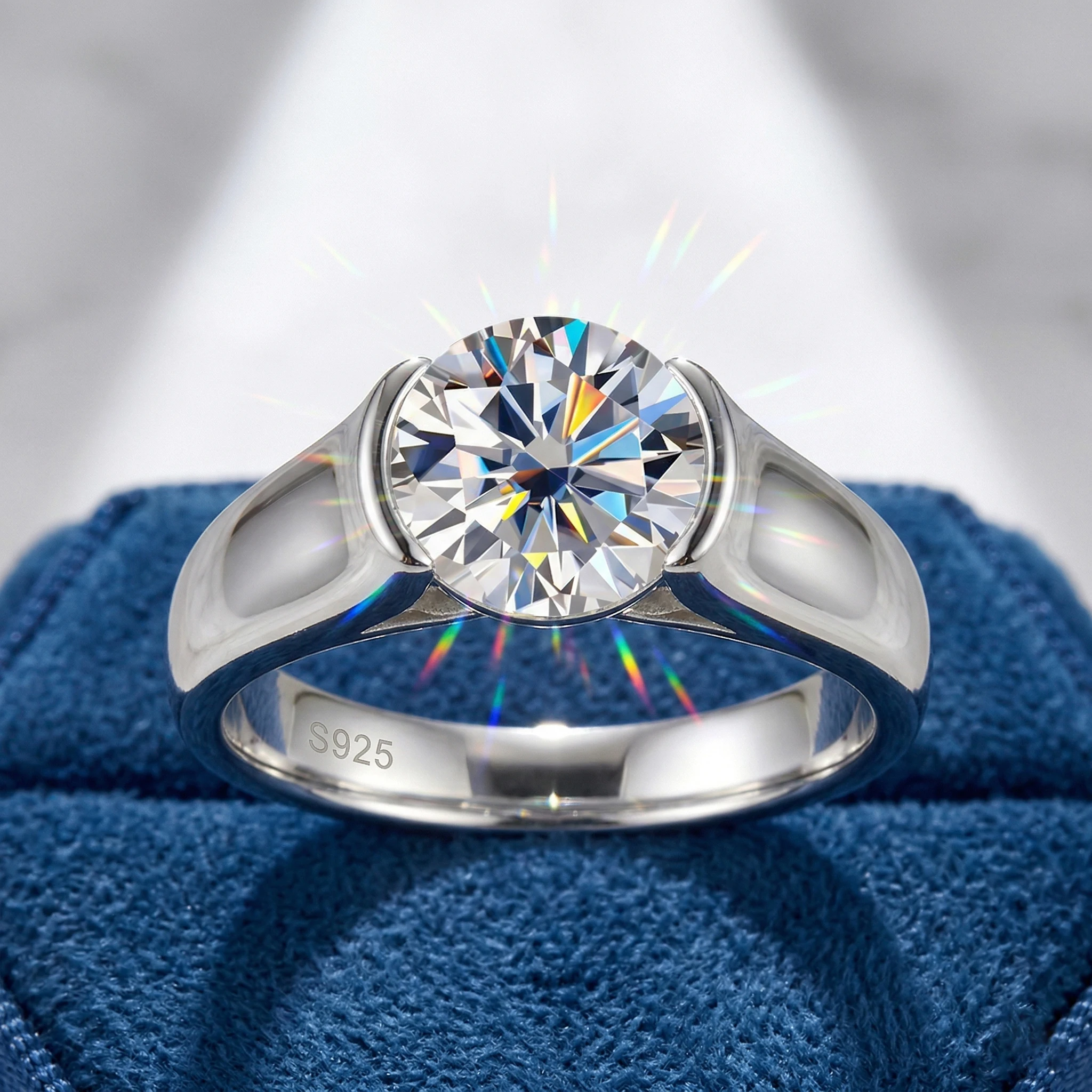 

2 Carat Round D Color VVS1 Moissanite Ring, 925 Sterling Silver, Semi-Bezel Solitaire Engagement Ring, With Certificate