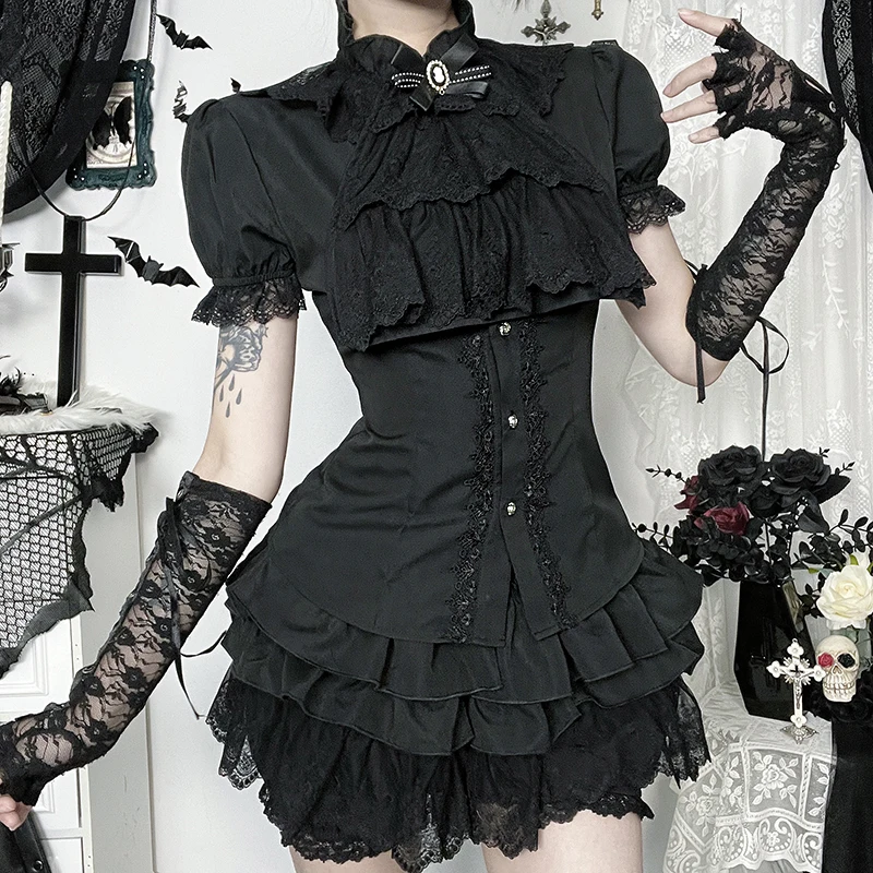 Amerikaanse subcultuur gothic zoete hete meisjessets zwart kant shirts met korte mouwen hoge taille vetersluiting slanke rokken tweedelige set dames