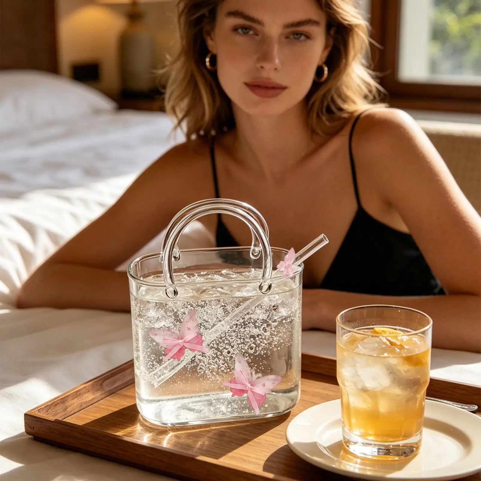 Glass Purse For Drinks Handbag Shaped Purse Vase With Straw Cocktail Wine Glasses For Iced Coffee Smoothies Tea Flowers Wine