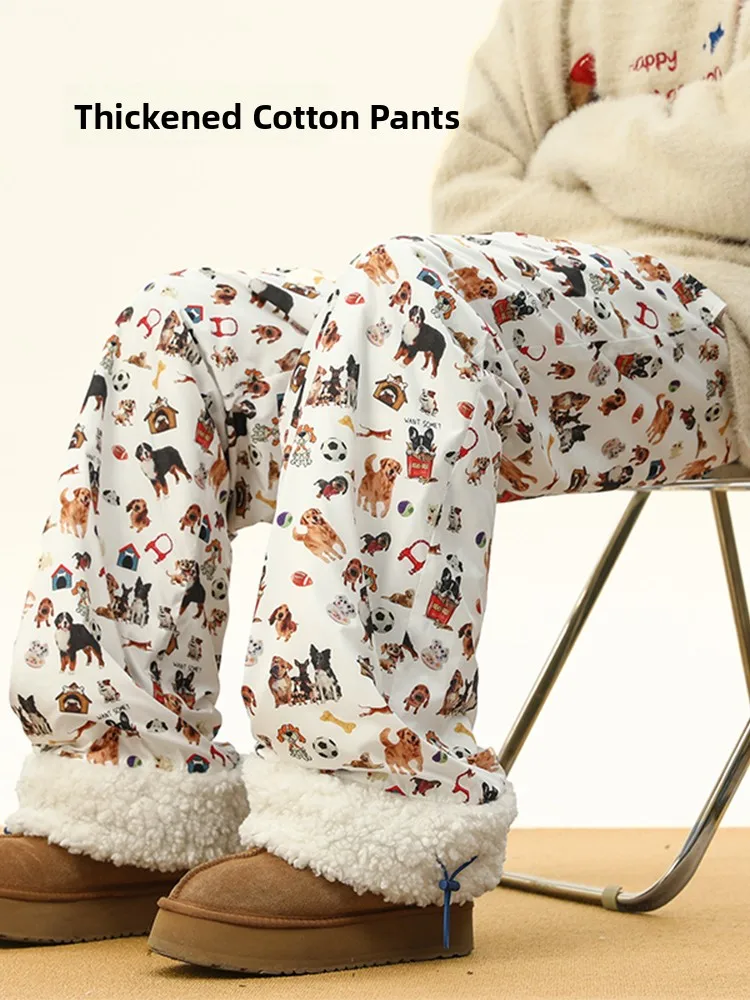 

Thiened Cotton Pants for Men with Dog Pattern Casual Home Leisure Sweatpants Skin-friendly Breathable Winter Warm Trousers