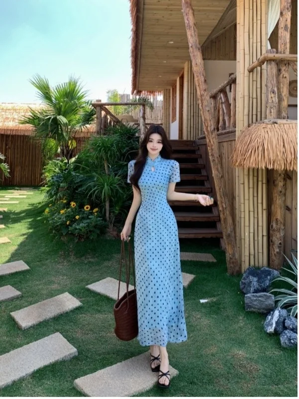 

plus Size Chinese Style Midi Dress Polka Dot Collar Short Sleeve Slimming Modified Commute Style A-Line Shirt Dress