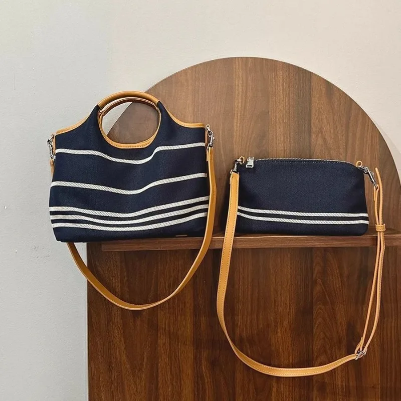 

1pc Denim Striped Handbag Women's Fashionable Single-shoulder Underarm Bag Color-blocking Casual Crossbody Bag Canvas