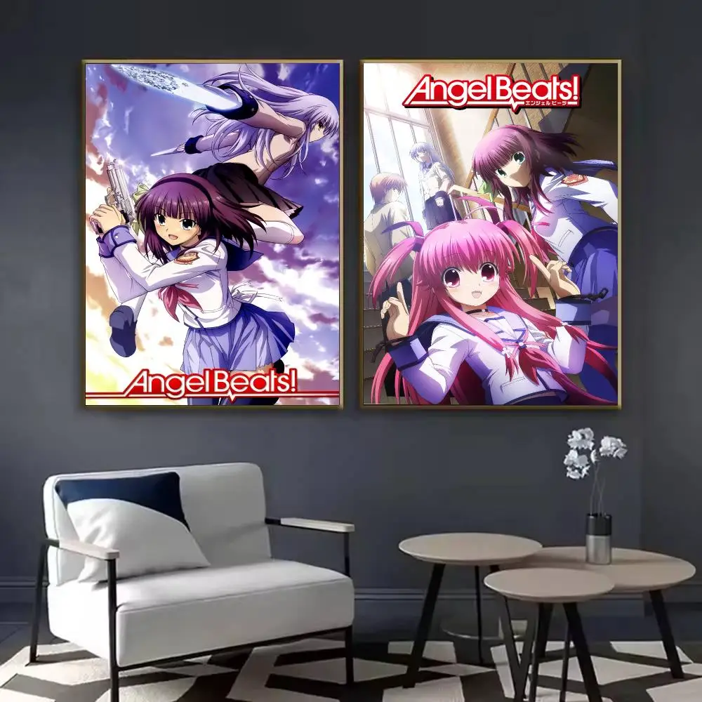 A-Angel Beats Cute Anime Poster Waterproof Sticky Wall Art Print For Bedroom Living Room Hallway Bar Home Decor
