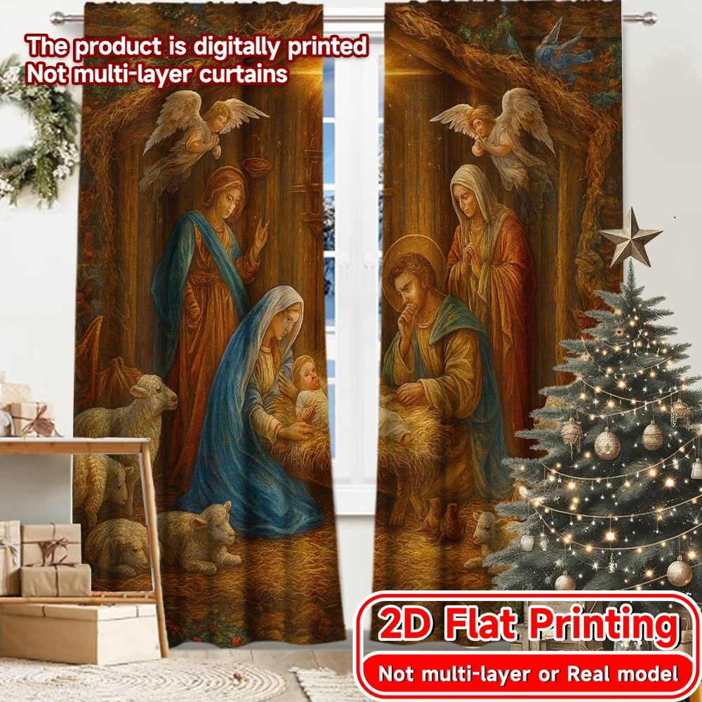 2D Flat Printing,2pcs Nativity Scene Chic Curtains&Window Treatment Polyester Curtains Outdoor Decorations for Bedroom, Kitchen,