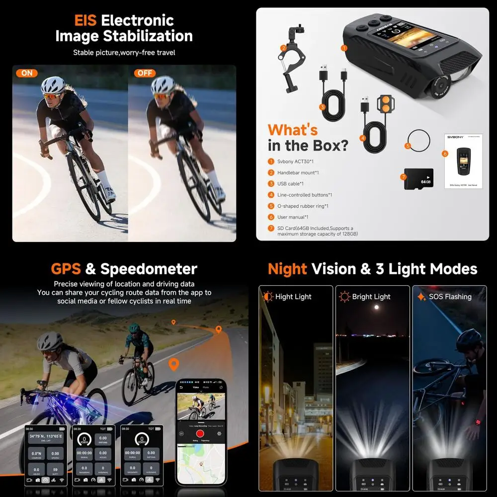 

Велосипедная камера 5-в-1 с GPS-трекером, экшн-камера 4K 30 кадров в секунду с картой 64 ГБ, велосипедный спидометр/одометр, стабилизация EIS, Bik