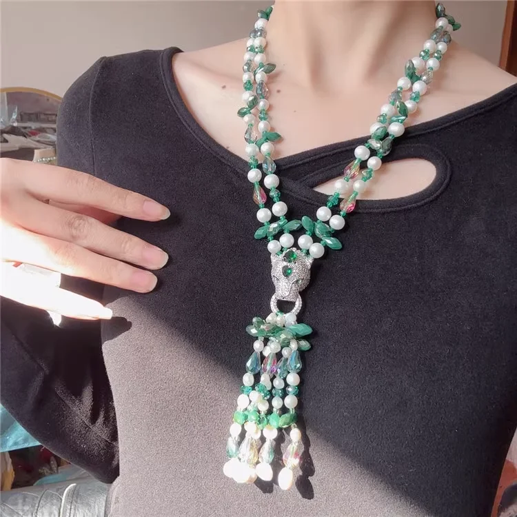 Cultured White Baroque Pearl Necklace With Green Crystal Pendant CZ Clasp For Lady