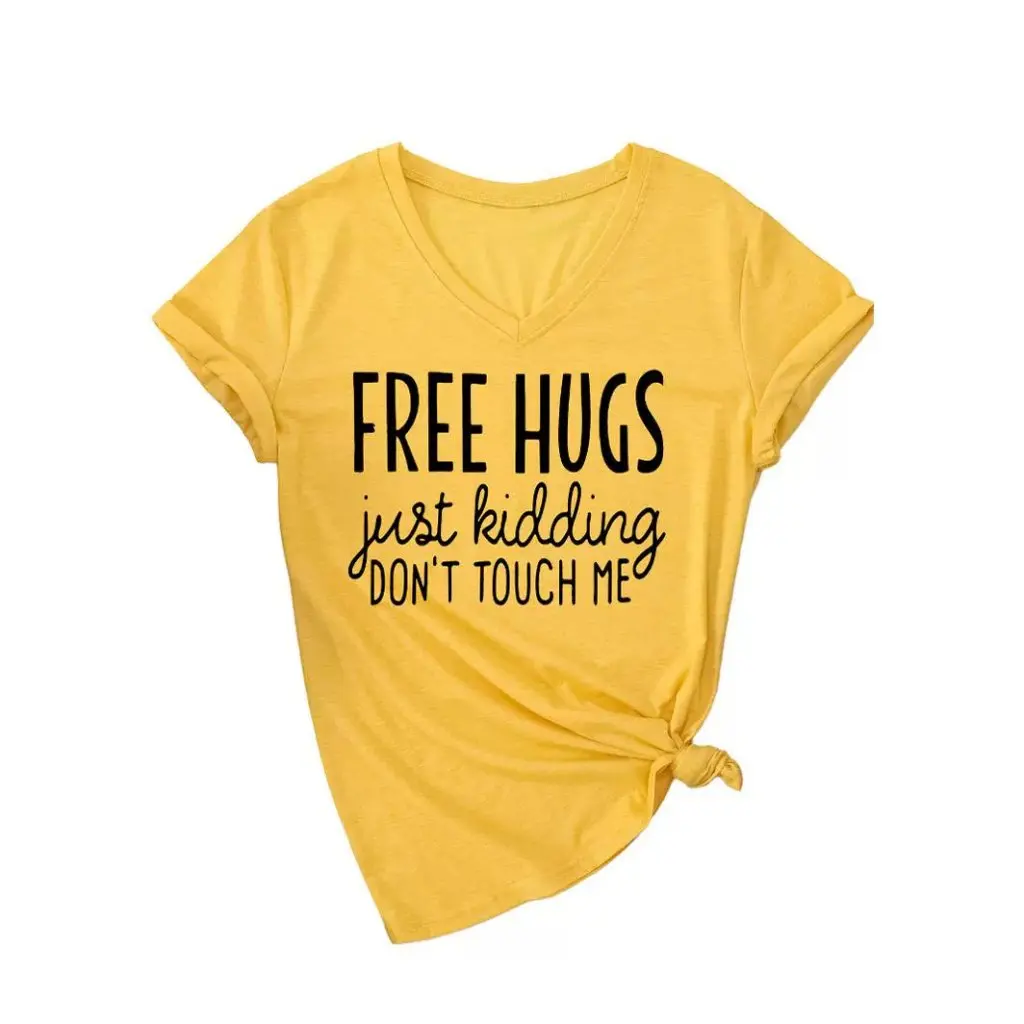

Fashion Women's V-neck T-shirt 'Just Kidding' Summer Loose Short Sleeve Top in Various Colors