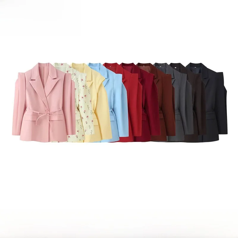 

Fashionable Pure Color Wide Shoulder Belted Women's Suit Jacket ZR Style New Autumn Arrival Street Style Long Sleeve Coat