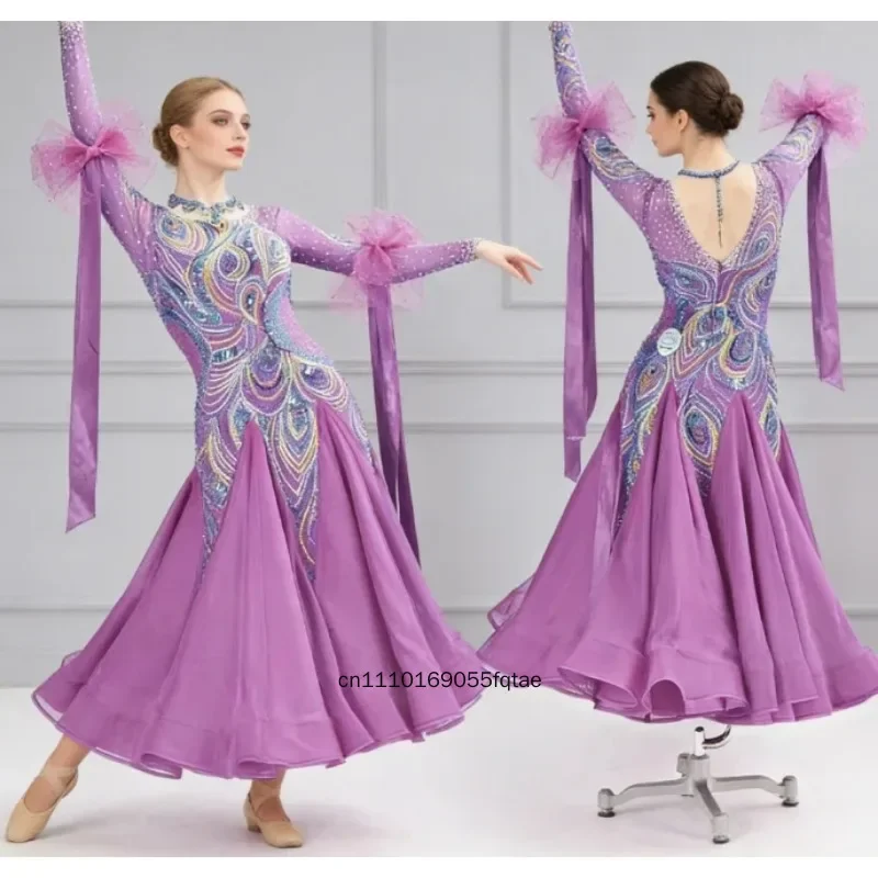 

Платье для соревнований по бальным и современным танцам, светло-фиолетовое, с длинными рукавами, с пышной юбкой, для вальса, танго, быстрого шага, роскошное, профессиональное, для выступлений