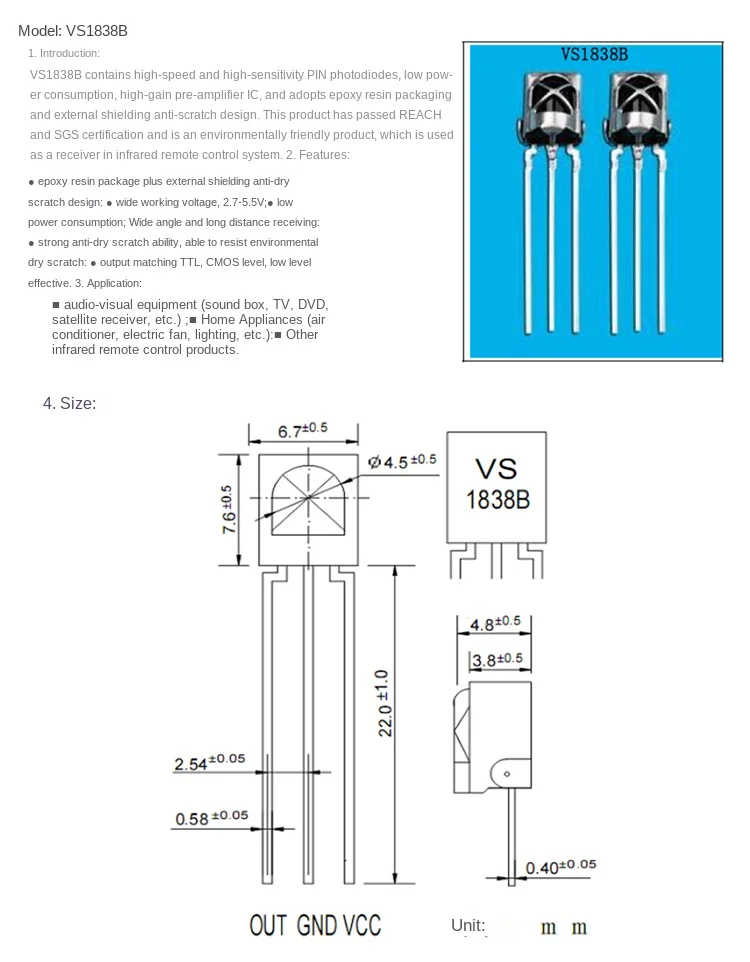 Snvi 5PCS Universal-IR-Infrarot-Empfänger VS1838B CHQB HS0038 TL1838 VS1838 1838 HX1838 VS0038 Fernbedienungs-Empfängerröhre – Detail 2