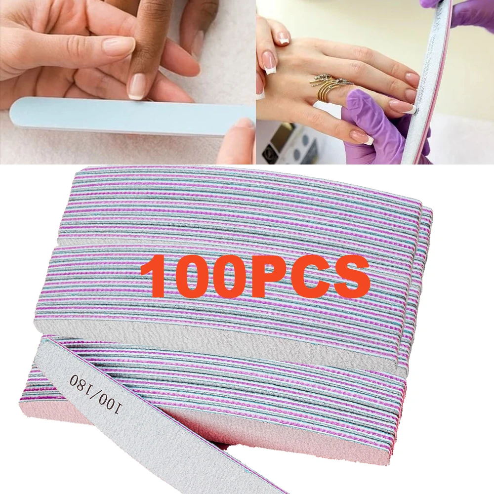 50/100pcs 100/180 Nail Art Sanding Sandpaper 1*Set Nail Washable Nail File Semilune Banana Buffing Curved Professional Manicure