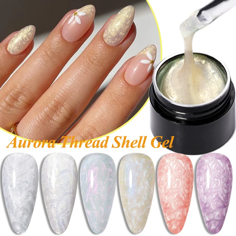 LILYCUTE 7ML Gold Aurora Sparkling Glitter Pearl Shell Thread Gel Nail Polish  Manicure Semi Permanent Nail Art UV Base Top Coat