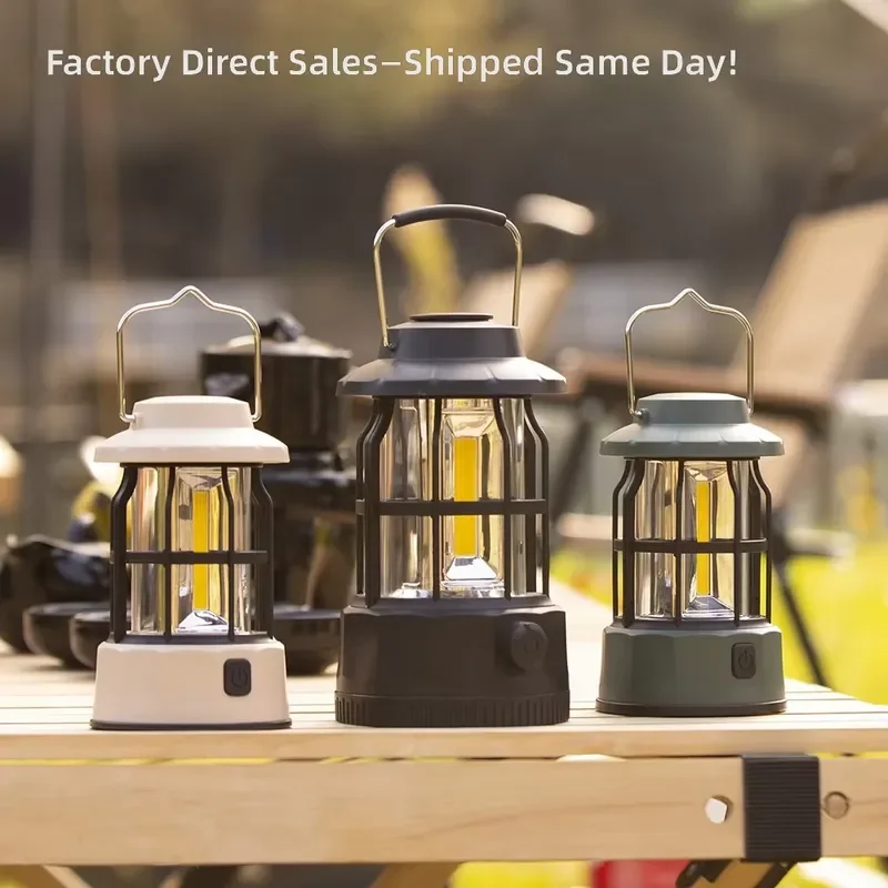 Retro Camping Lantern Portable Rechargeable LED Light Outdoor Tent Lamp Vintage Style Power Supply for Hiking Indoor Ambient