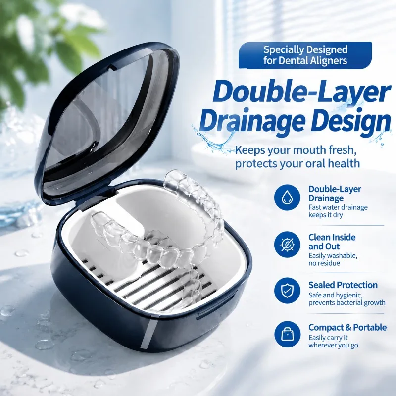 Portable Aligner Storage Box with Removal Hook, Waterproof Ventilated Denture Container, Dustproof Orthodontic Retainer Case