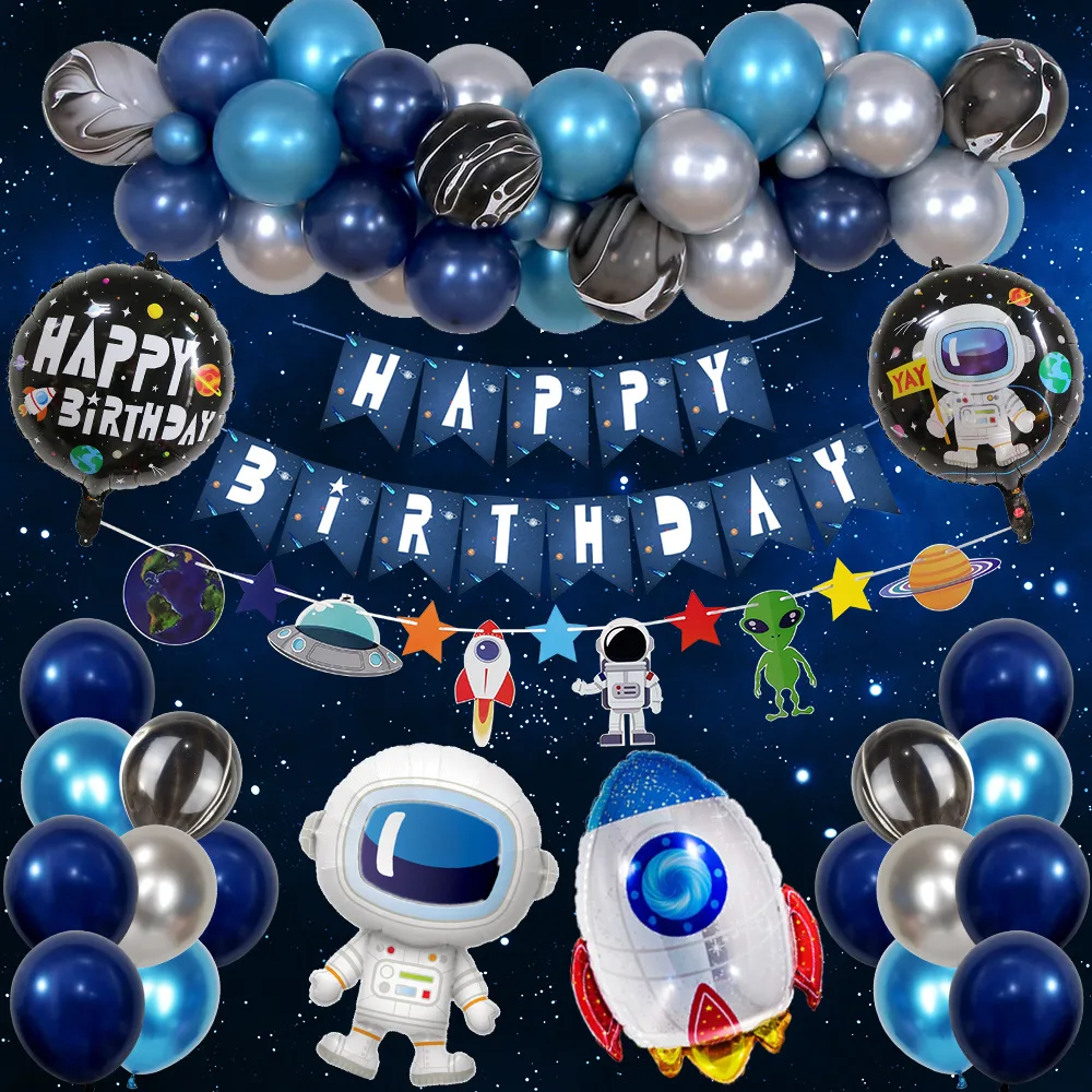 Party Balloons Baby Birthday Astronaut Theme Party Decoration Cartoon Astronaut Rocket Aluminum Foil Balloon Birthday Flag Set