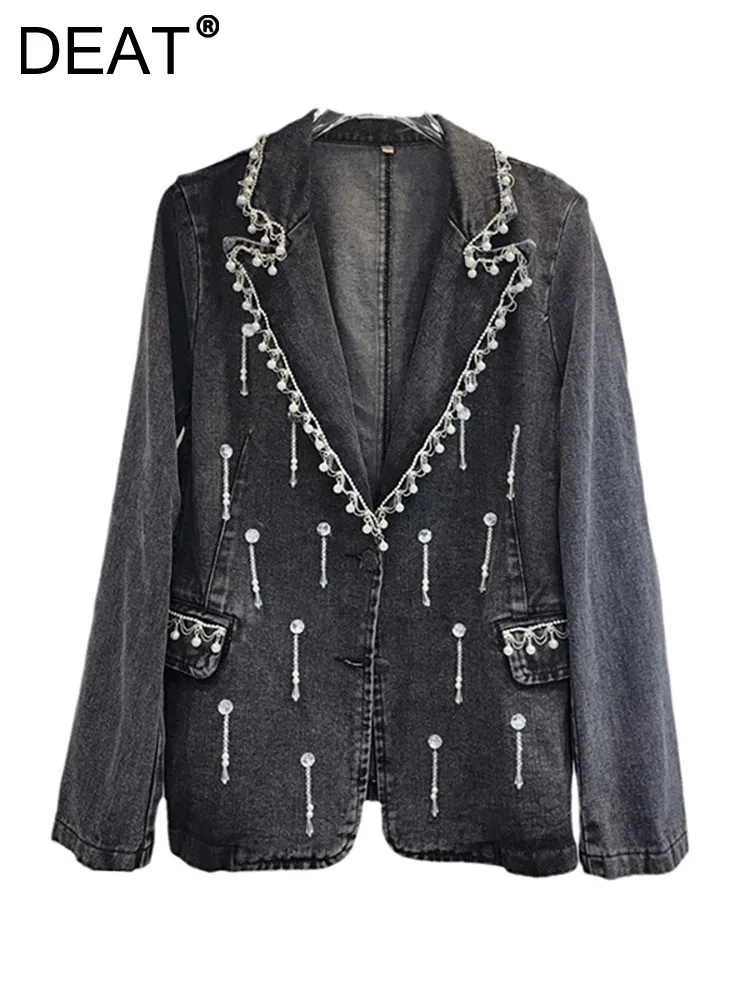 

DEAT Women's Denim Jackets Washed Black Crystal Pendant Pearls Beading Diamonds Suit Jackets 2024 Autumn New Fashion 33A776