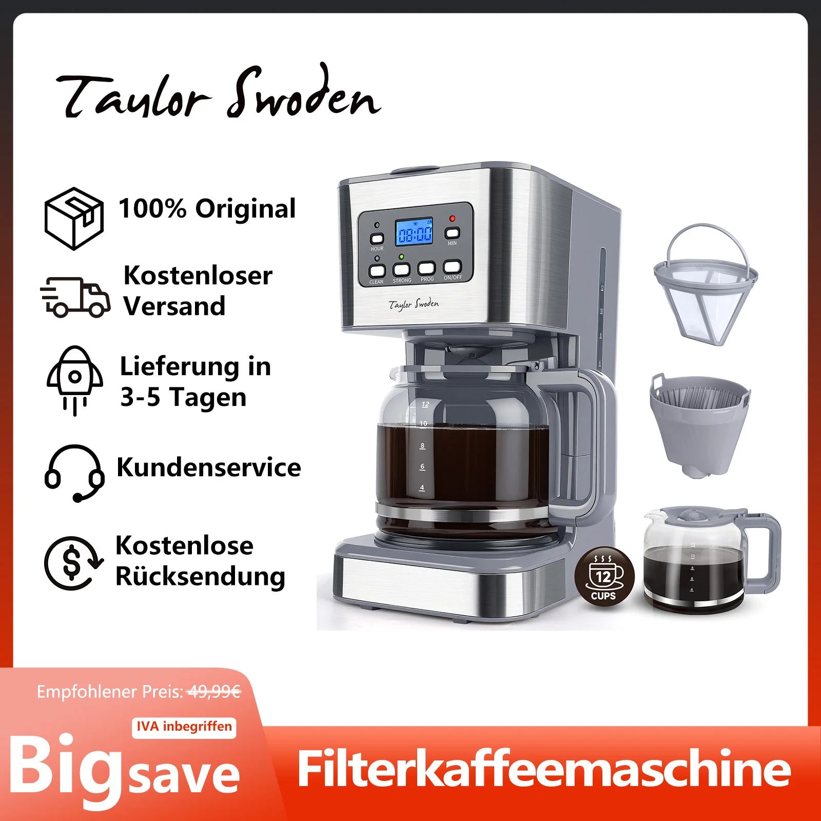 TAYLOR SWODEN 950W Kaffeemaschine mit Timer,1.5L Filterkaffeemaschine 12 Tassen, Abschaltautomatik, Tropf-Stopp, Wiederverwendbarem Filter und Heizplatte, BPA-frei, Grau