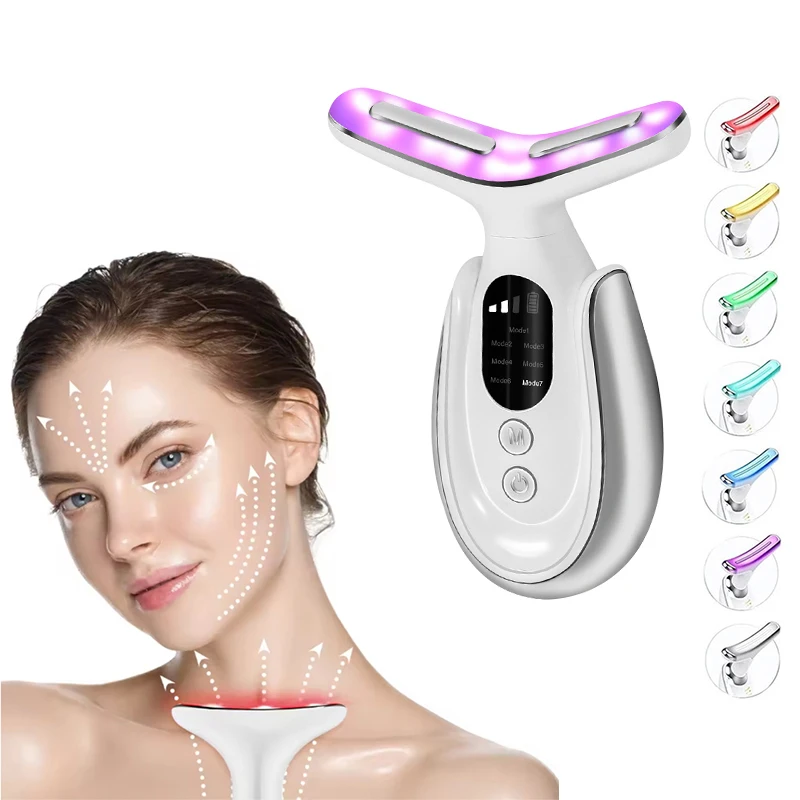เครื่องนวดคอ LED 7 สี สำหรับริ้วรอยบริเวณคอ - อุปกรณ์ยกกระชับใบหน้าระดับมืออาชีพ พร้อมไมโครเคอร์เรนท์ สำหรับดูแลผิวหน้าที่บ้าน