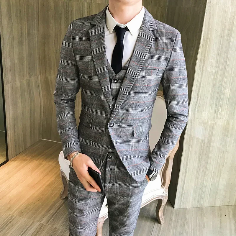 2023 Fashion New Men\'s Casual Slim Plaid Suit Coat Three Piece Set / Men\'s Business Boutique Wedding Blazers Jacket Pants Vest