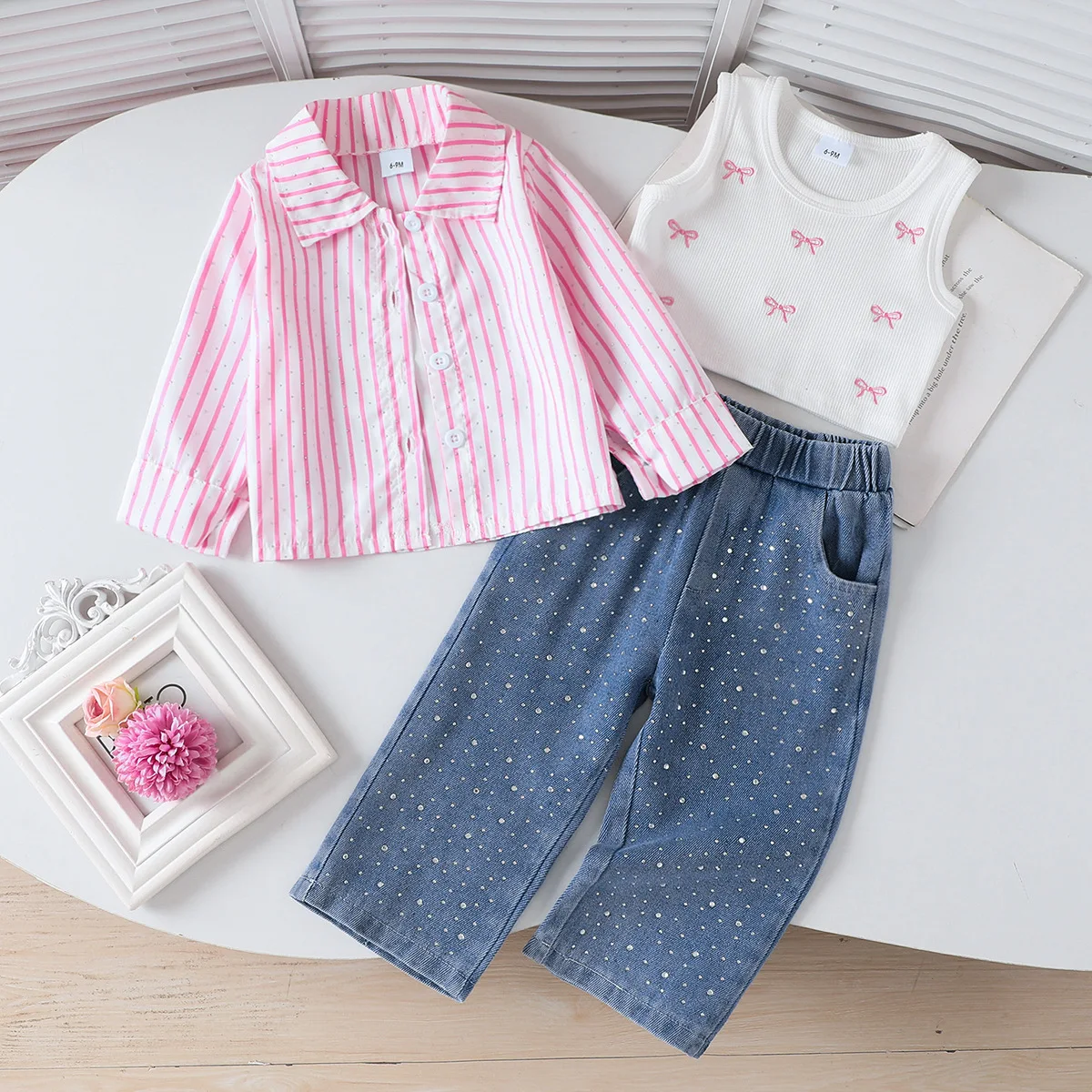 Kids Korean Girl Sets Pink and White Strip Shine Shirt and Bowknot Vest and Jeans Three Price Sets