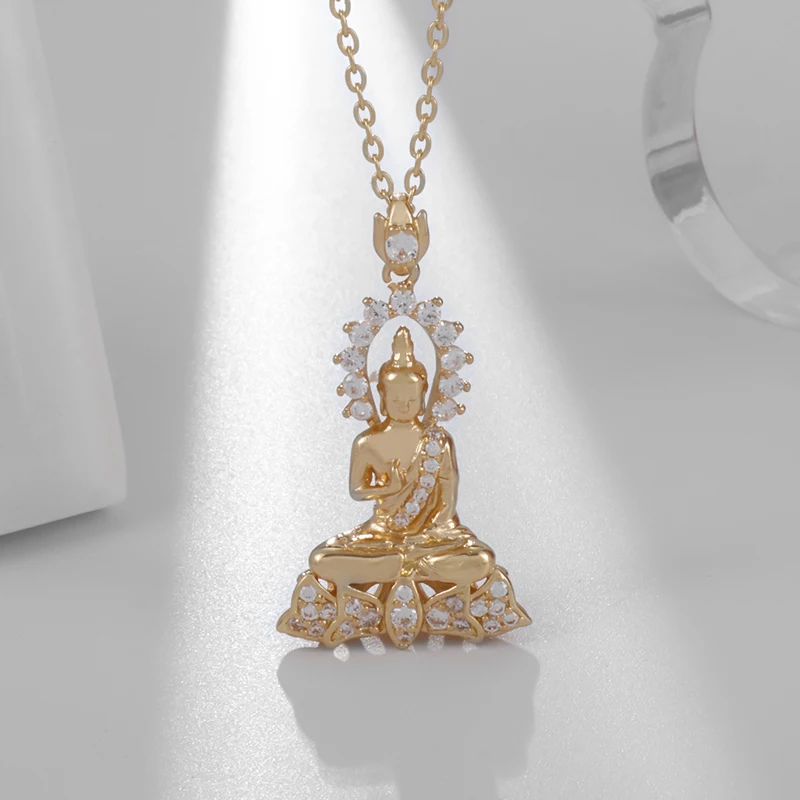 Southeast Asia Thailand Nepal hot selling gold-plated pendant necklace men and women inlaid zircon lotus Buddha Buddhist gift