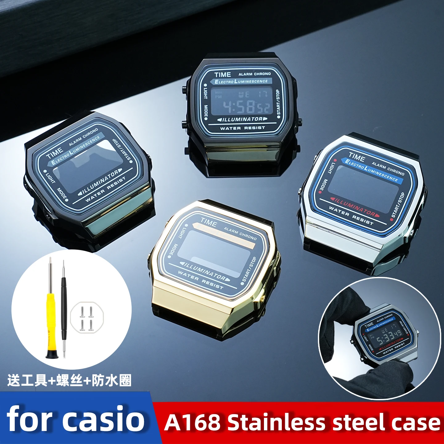 

Stainless Steel Mod Case Kit for Casio A168/A168WA – Waterproof Metal Shell with Glass & Screws (A168 Watch Accessories)