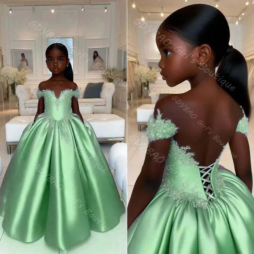 فستان فتاة الزهور الزرقاء لحفلات الزفاف 2-14 أطفال بدون أكتاف مزين بحفلات من الساتان مشد خلفي فستان عيد ميلاد الأميرة مخصص