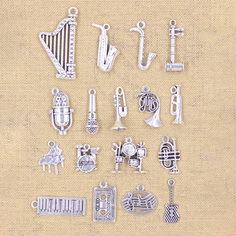 Charms Musical Gitarre Harfe Sachs Trommeln Klavier Mikrofon Magnetband Antik Silber Farbe Anhänger DIY Herstellung tibetische Erkenntnisse
