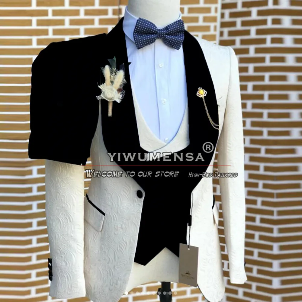 

Elegant Jacquard Suits Men For Wedding Ivory Floral Jacket Vest Pants 3 Pieces Groomsman Tuxedos Tailored Male Fashion Clothing