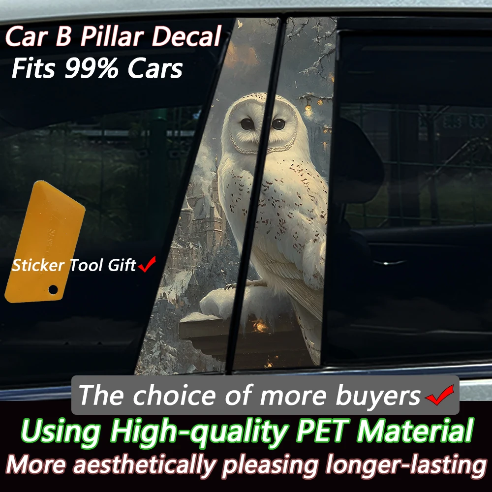 2PCS Cute Snow Owl Car Window Pillar Sticker Split B-pillar Decal Waterproof PVC Winter Scene Auto Styling Vehicle Decoration