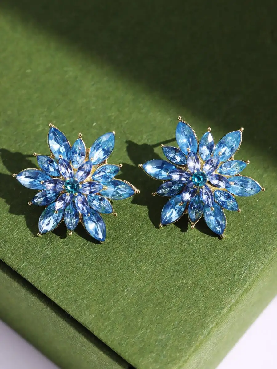 Blue Snowflake Shaped Rhinestone Stud Earrings For Women
