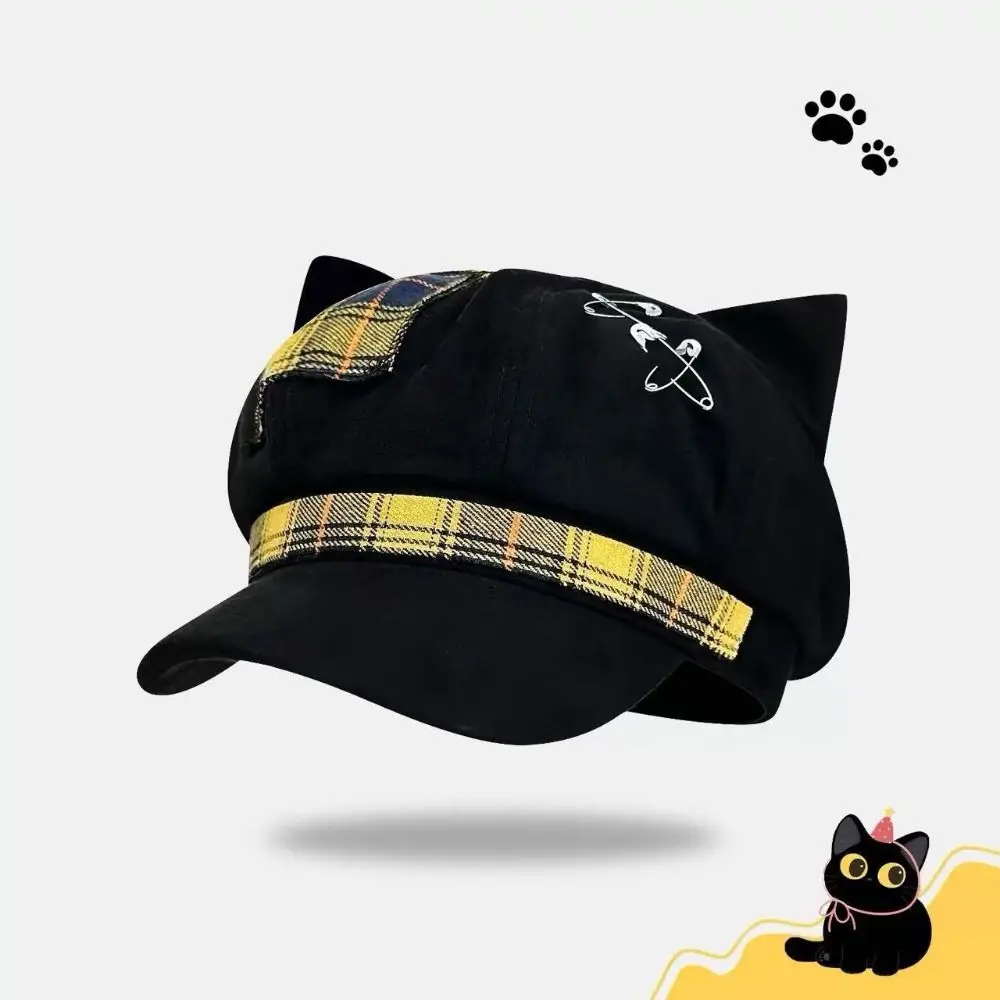 Cool Thin Brim Cat Ears Beret Hat Y2K Irregular Plaid Octagonal Hat Subculture Spice Girl Newsboy Peaked Hat Women