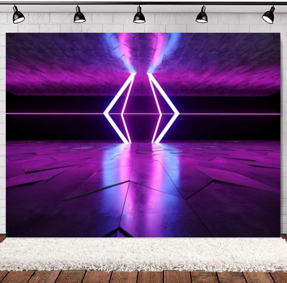 Let's Glow Neon Lights Party Photography Backdrop Nightclub Interior Dancing Floor Decades Background 80 90's Disco Party Banner