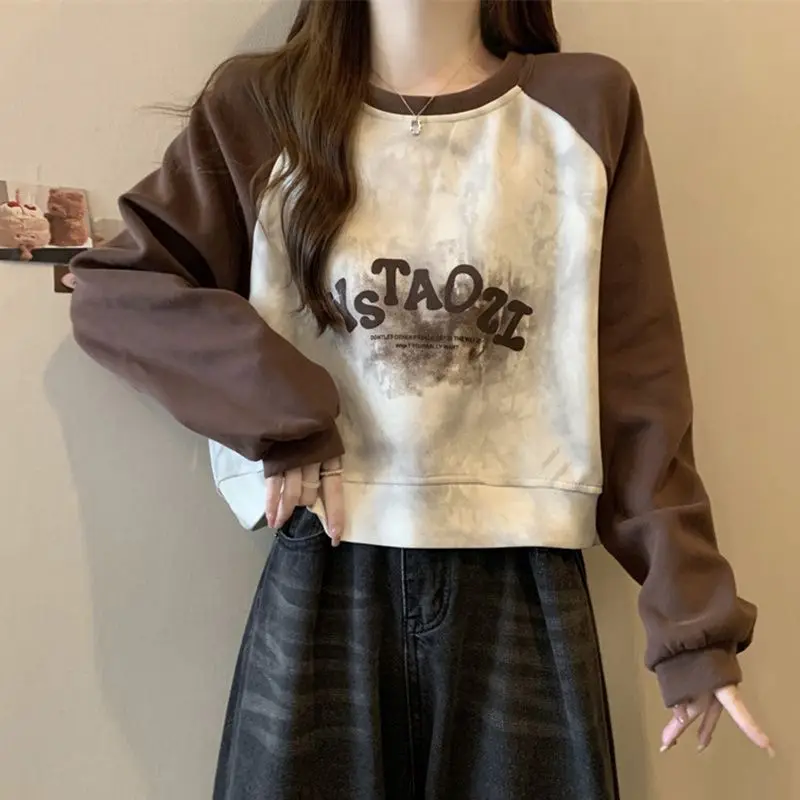 Heavyweight Short Letter Round Neck Raglan Sweater for Women in Spring and Autumn Loose Fitting Long Sleeved Oversized Coat Top