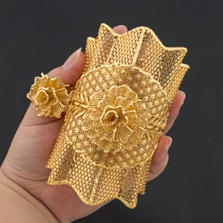 Exquisite Cuff Bracelet and Ring Jewelry Set for Bridal Saudi Arabia Plated Hand Bangle with Finger Ring Set for Banquet