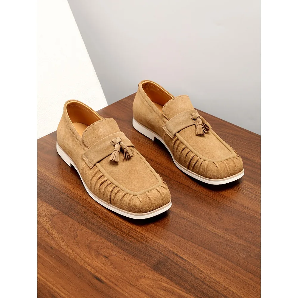 Genuine Leather Tassel Suede Square Toe Loafers for Men Breathable Slip On Lazy Casual Driver Moccasin Shoes