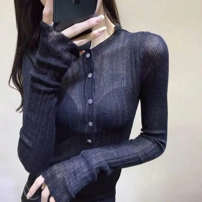 Knitted Sweater Pullover Women Tops Korean Chic Long Sleeve Button Half Open Neck Sexy Slim See-through Thin Y2k Tops