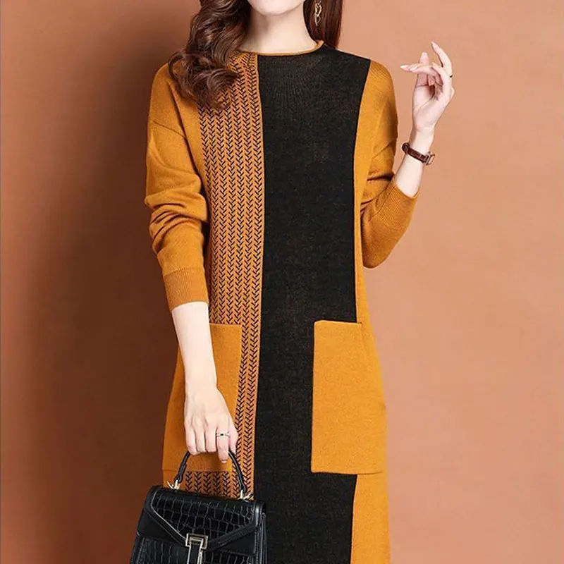 Vintage Spliced Printed Knitted Dresses Autumn Winter Casual O-Neck Women\'s Clothing Fashion Pockets All-match A-Line Midi Dress