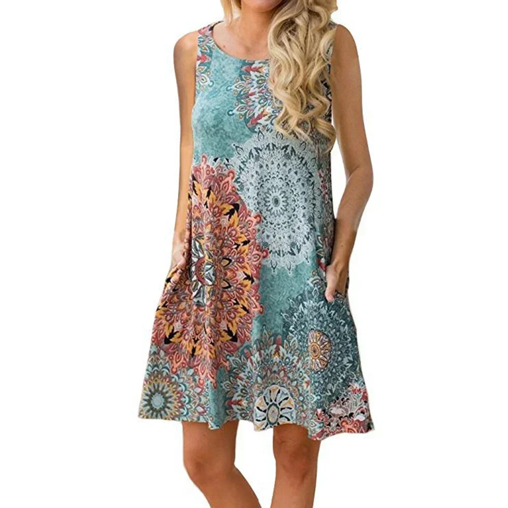 Women's Floral Print Medium Casual Beach Cover Up Plain Pleated Tank Dress, Summer