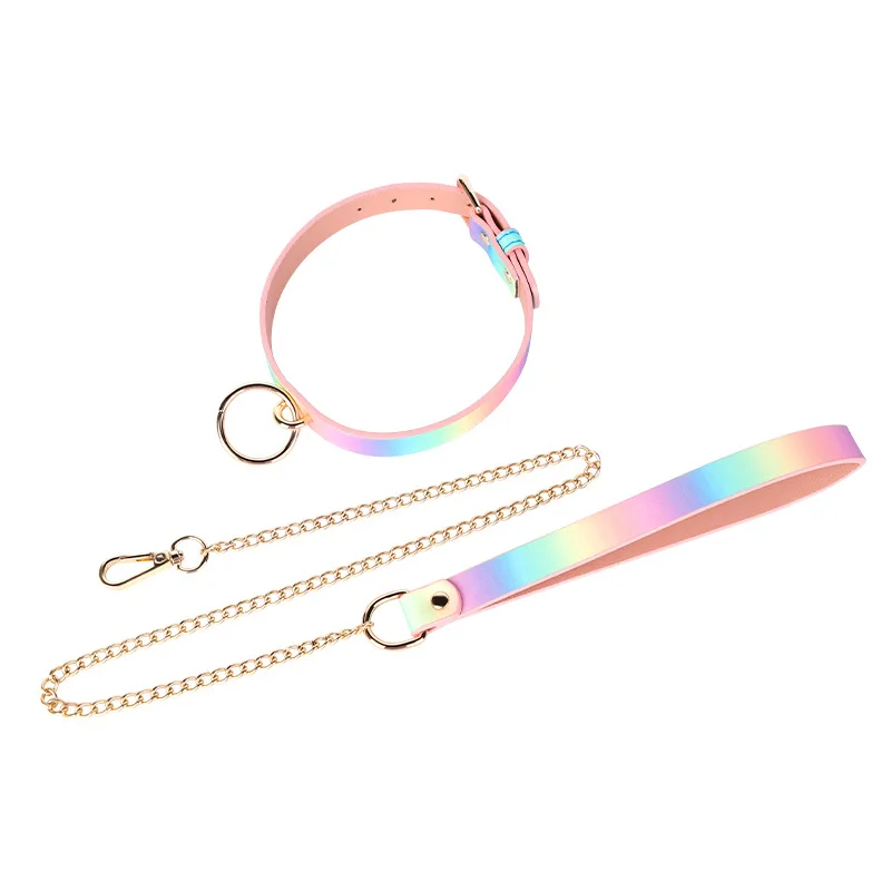 TleMeny Sexy Rainbow Colorful Collars With Leash BDSM Bondage Fetishs Collar Adult Games Sex Accessories For Woman Men Couples