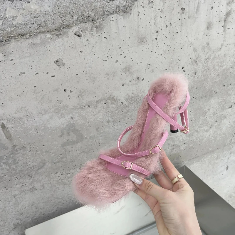 Eilyken 2027 New Brand Plush Fur Fuzzy Sandals Women Thin Heels Fashion Square Toe Ankle Lace Up Buckle Strap Slides Shoes