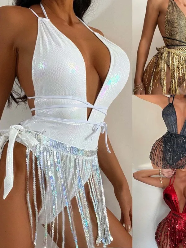 Women's Sexy Deep V One-piece Fashionable Tassels Bobysuit For Women Rompers American Style Tight Fitting Open Back Bodysuit K3
